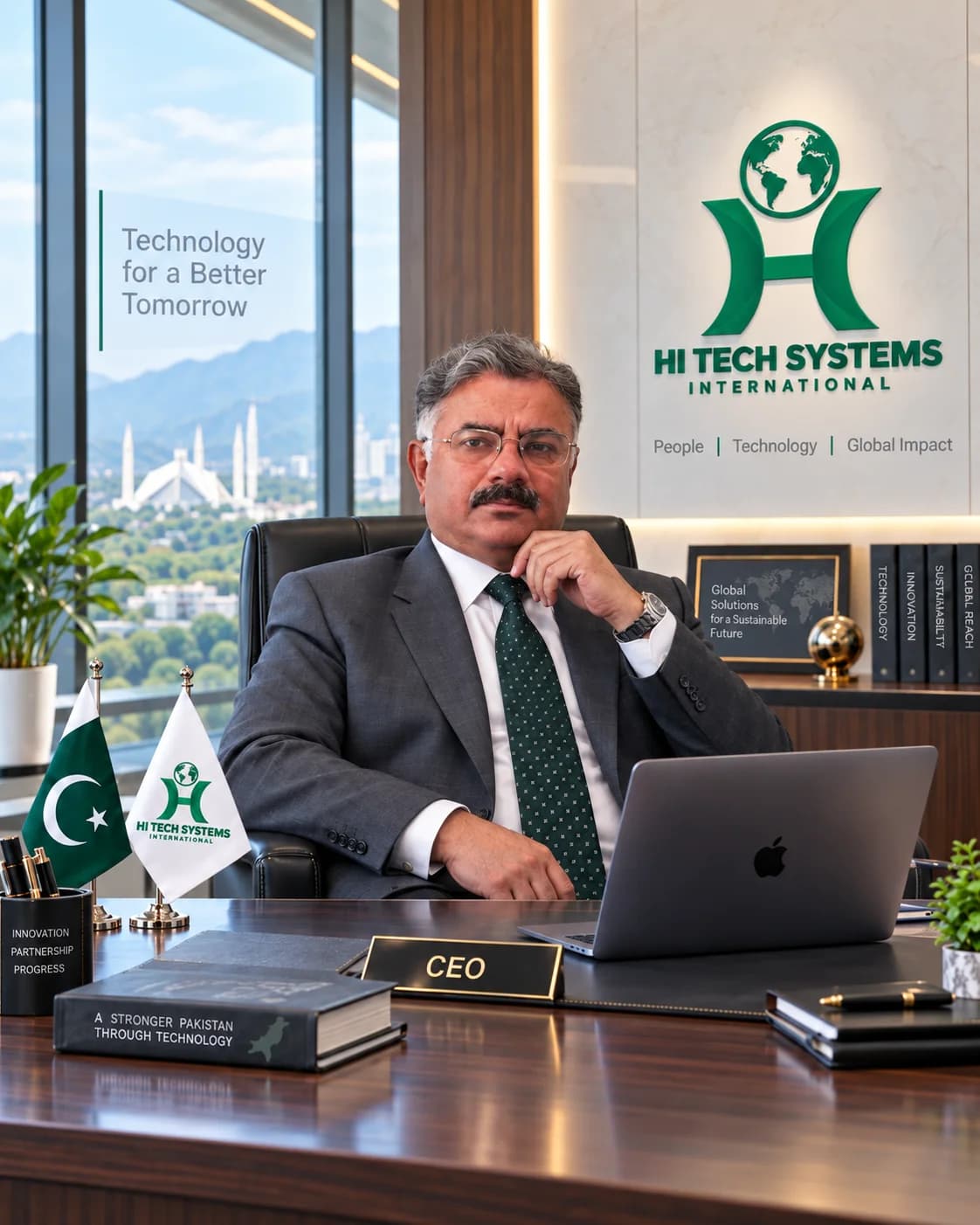 Irfan Ahmed as CEO of Hi Tech Systems International at his desk in Islamabad
