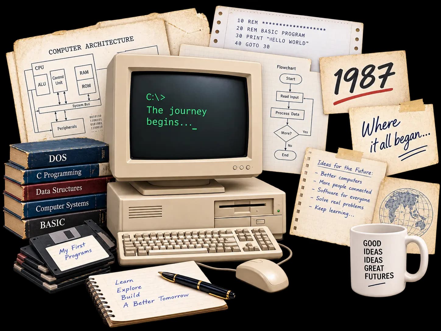 1987 early computing collage with a vintage computer, programming notes and books