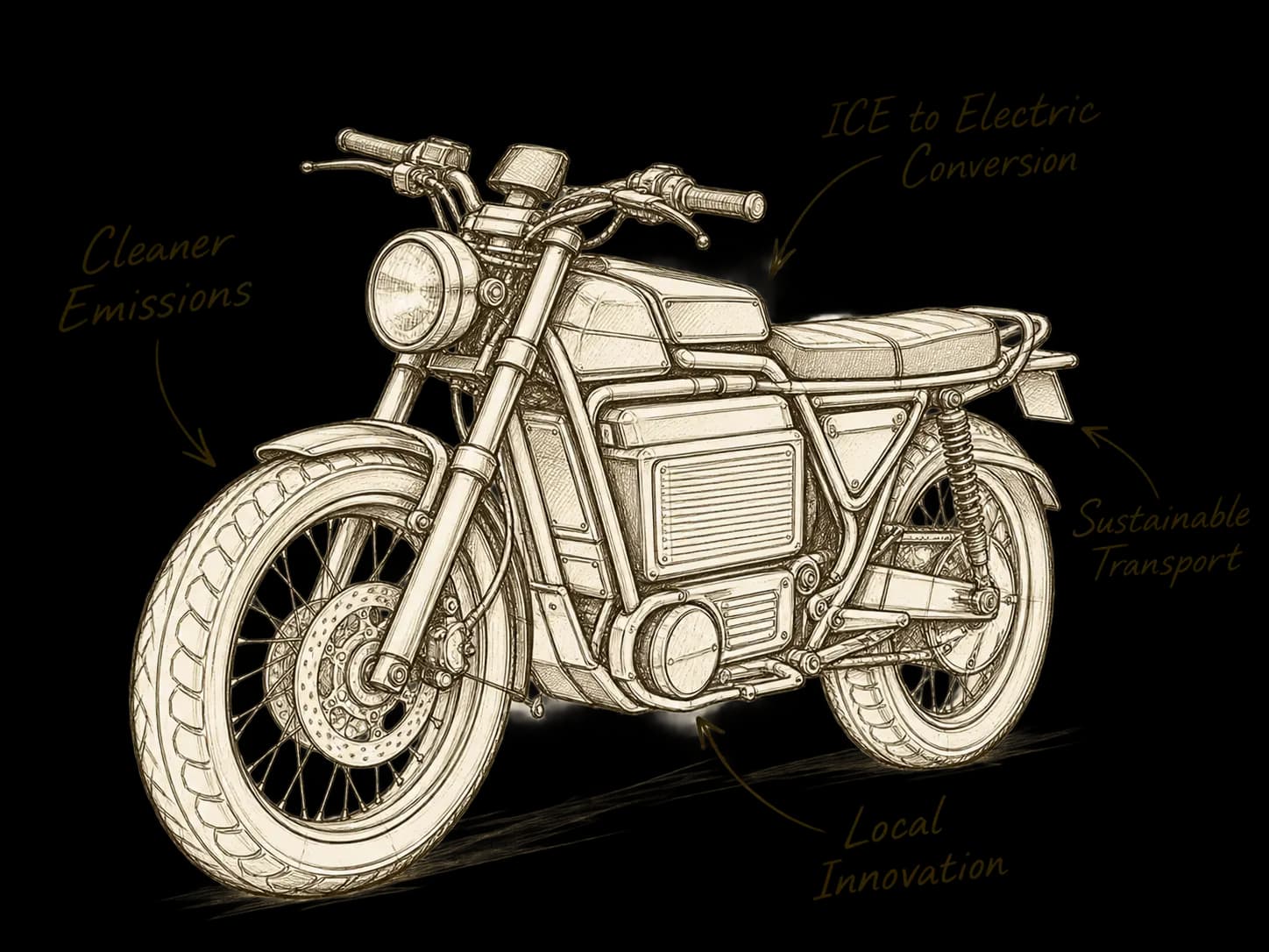Sketch explaining cleaner emissions, local innovation, sustainable transport, and ICE to electric conversion