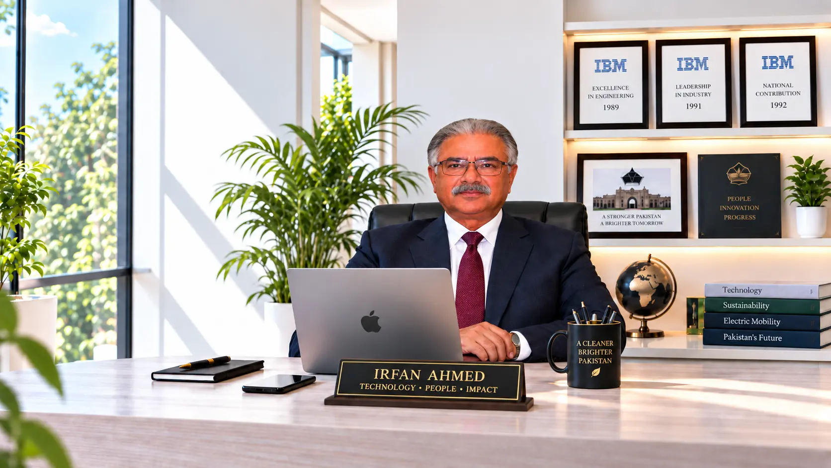 Irfan Ahmed in his office, surrounded by symbols of technology, sustainability and electric mobility
