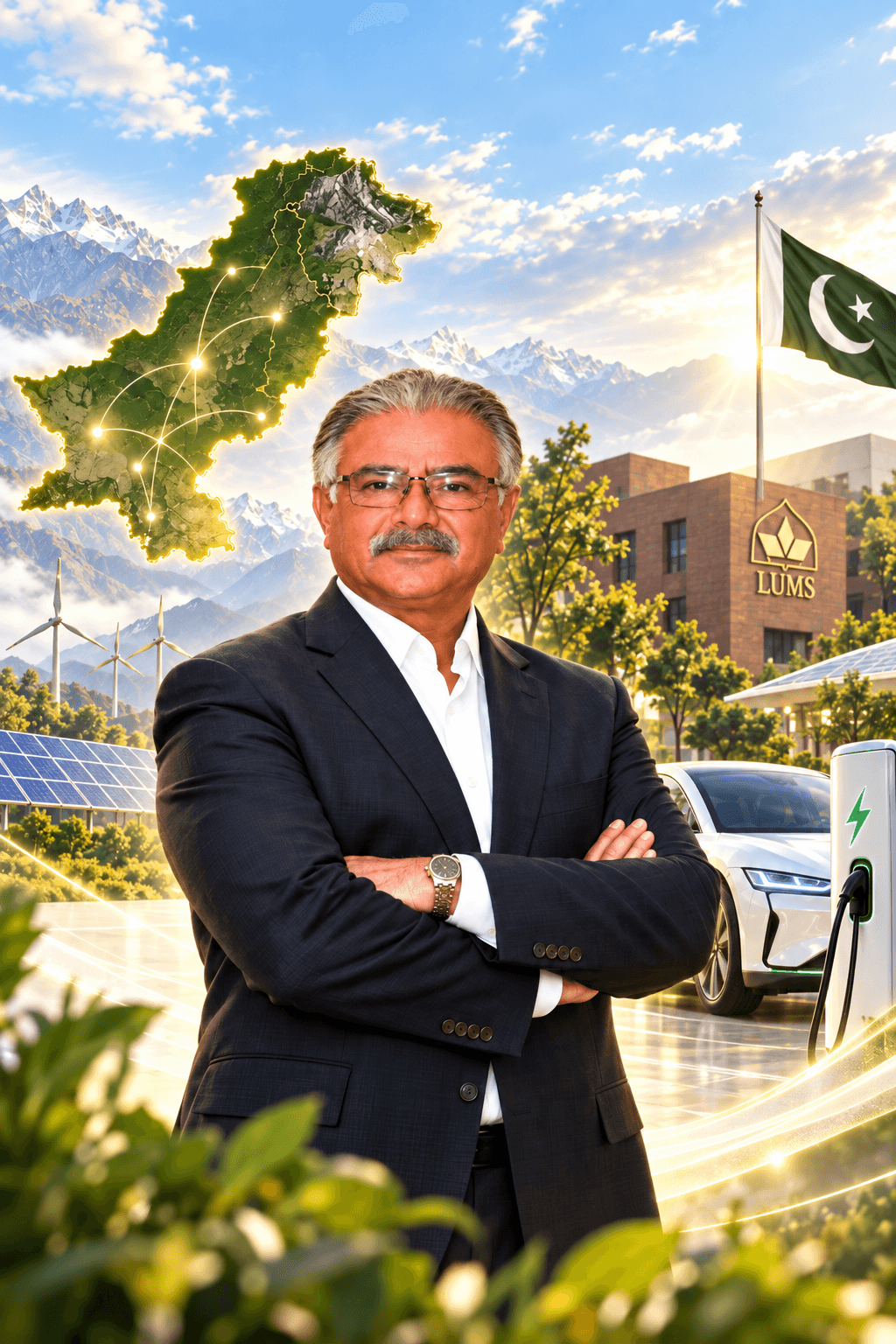 Irfan Ahmed with a visual representation of Pakistan, LUMS and the transition to electric mobility.